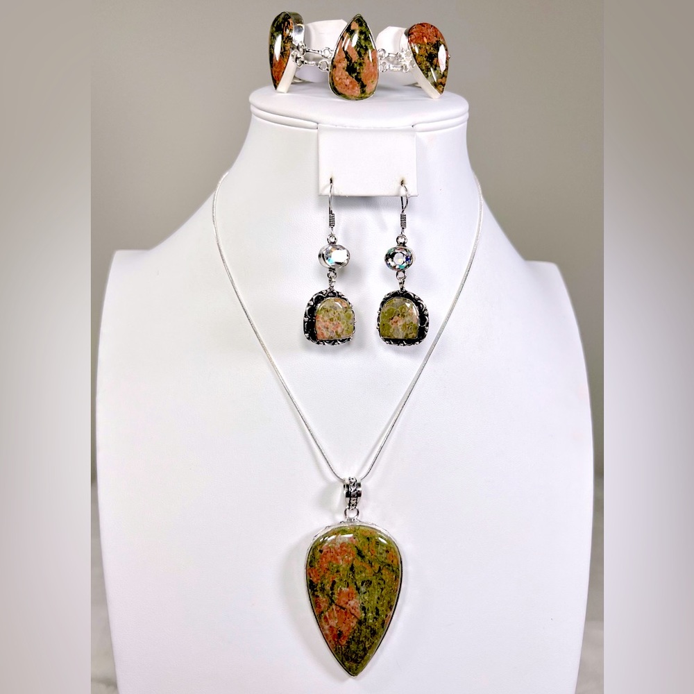 Unakite 925 Gemstone Pendant Bracelet Earrings Set